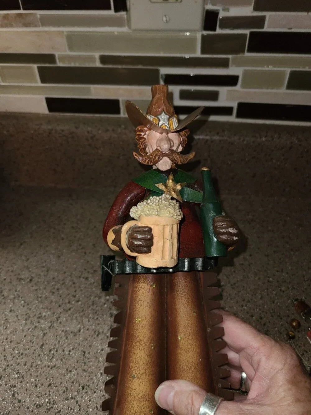 Vintage Cowboy Metal Art Statue Western Decor Holing a Mug of Beer & a Bottle